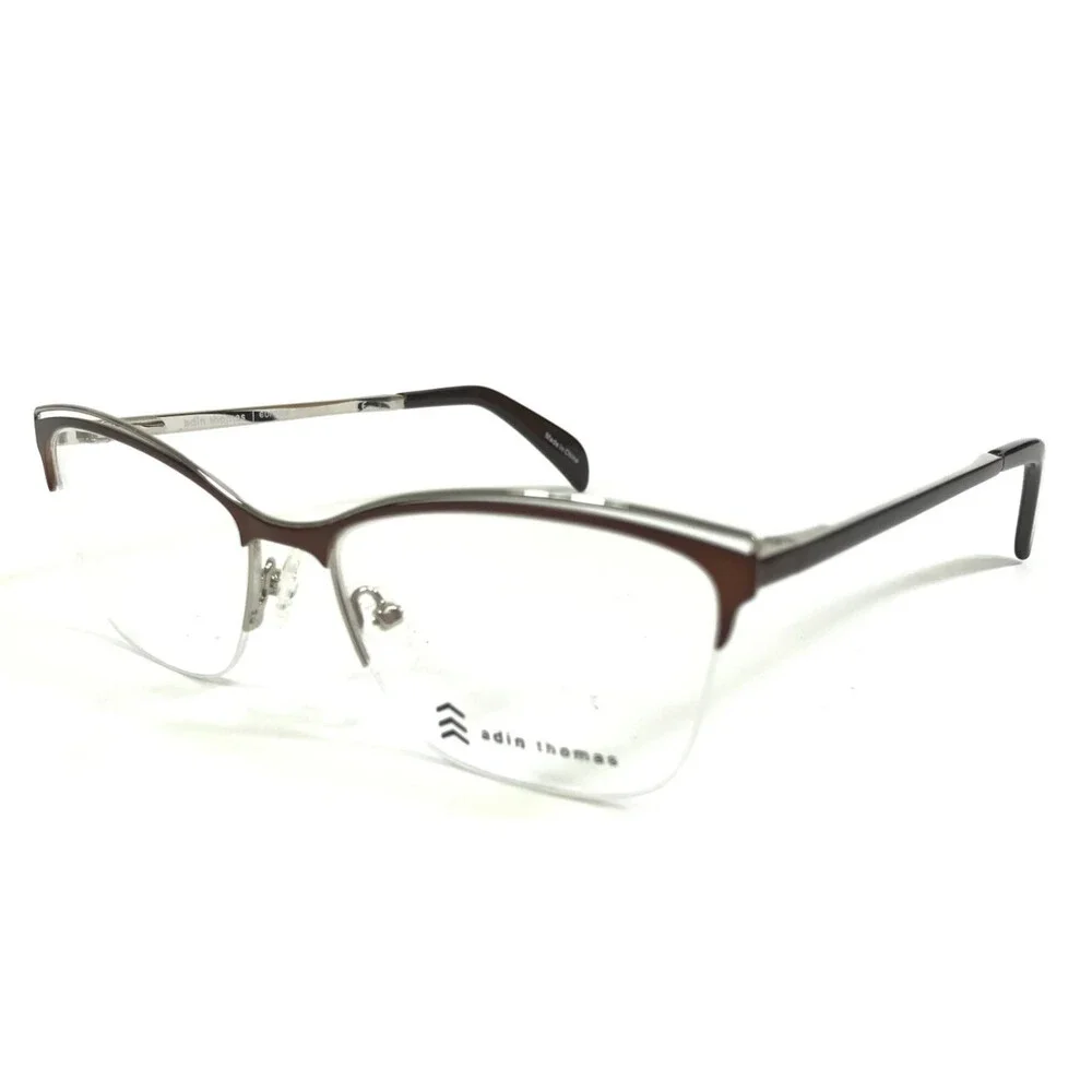 Adin Thomas Eyeglasses Frames AT-426 C2 Brown Silver Cat Eye Half Rim 52-16-135